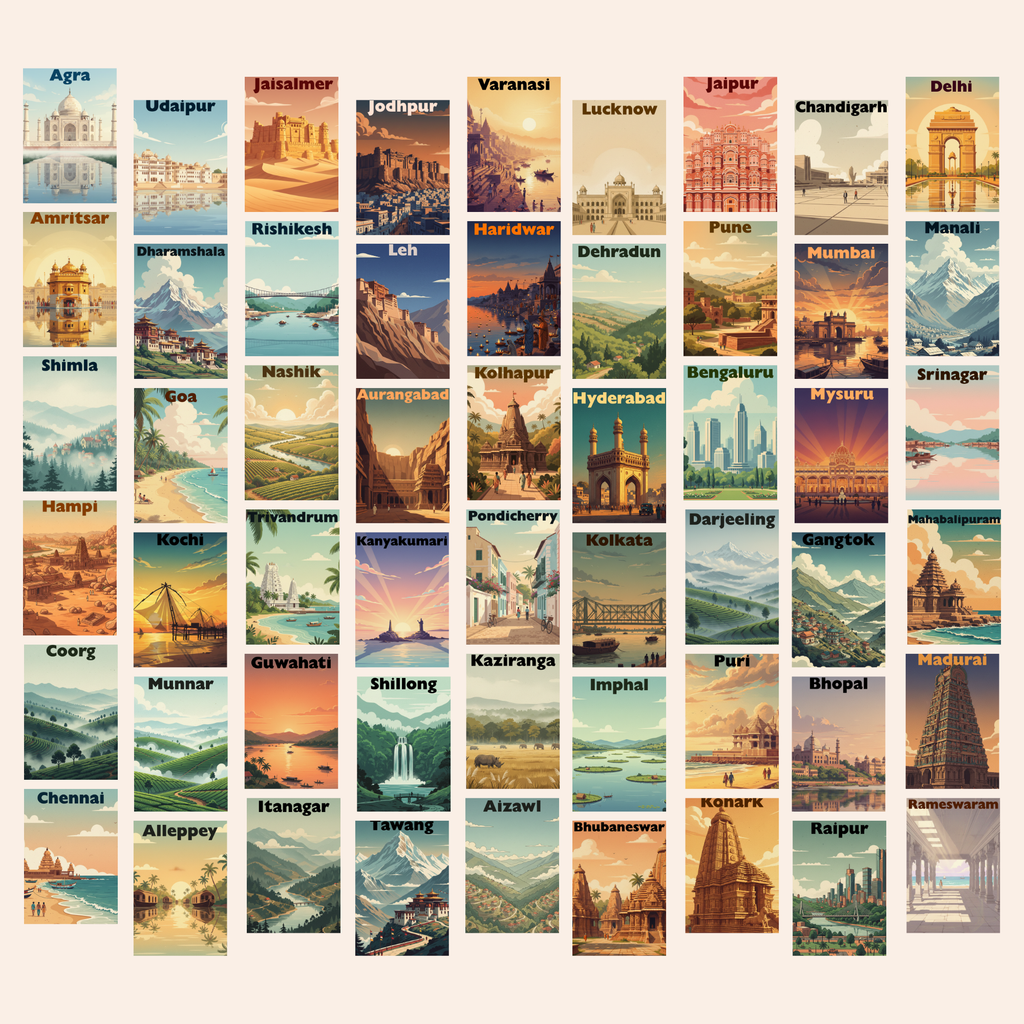 Vintage City Travel Posters – Retro Destination Wall Art (Set of 54)