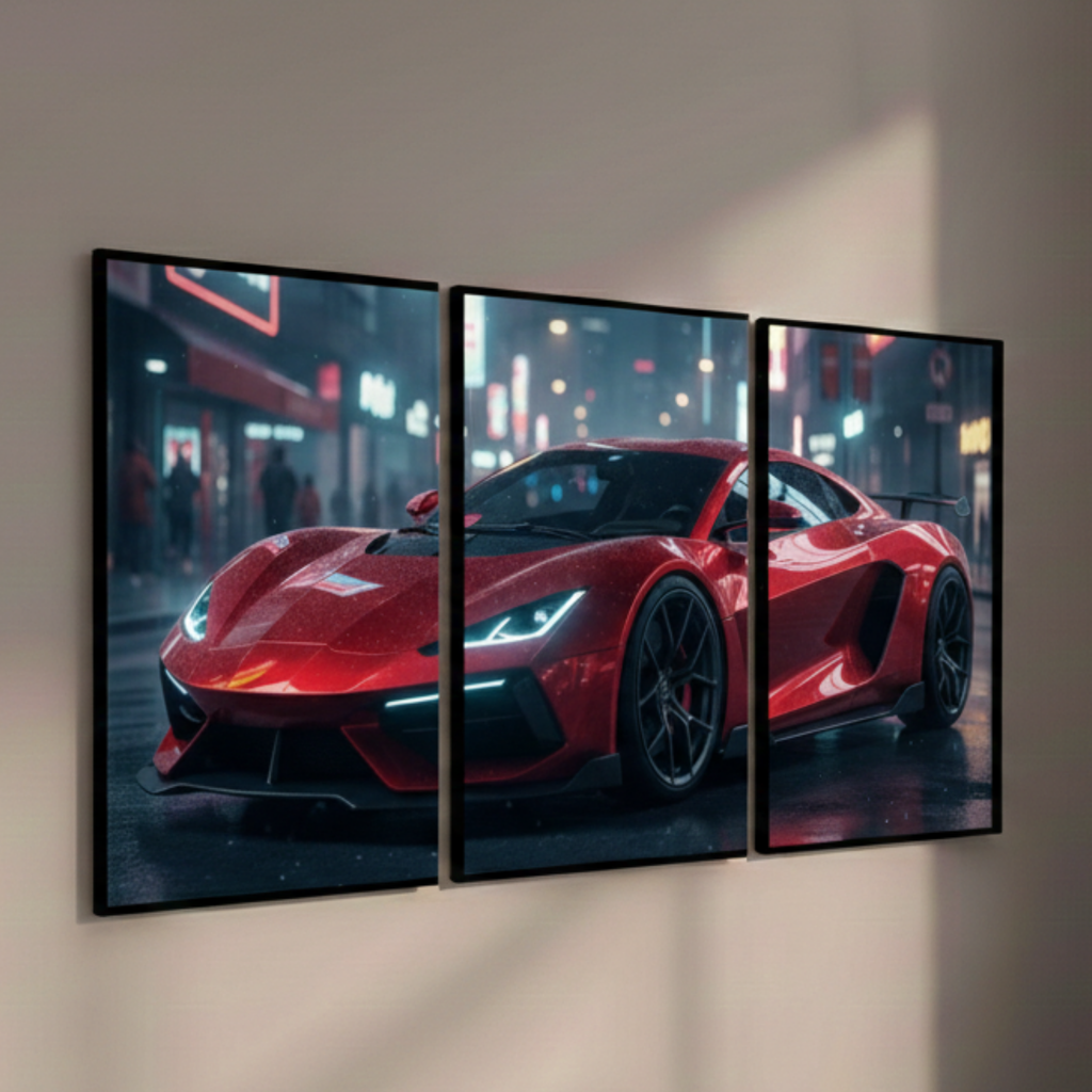 Red Hypercar Night Drive – Luxury Wall Art (Set of 3)