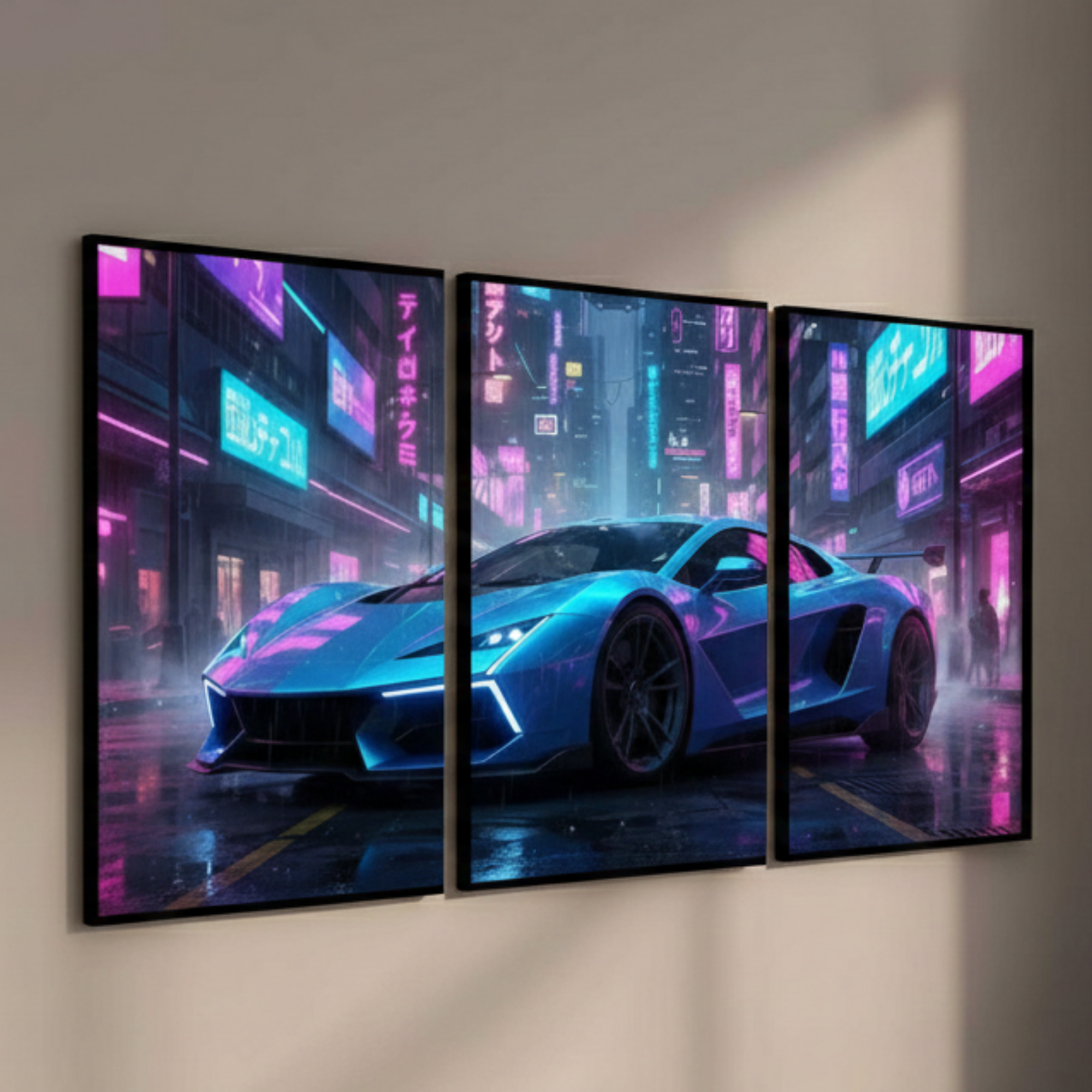 Neon Cyber Supercar – Futuristic Wall Art (Set of 3)