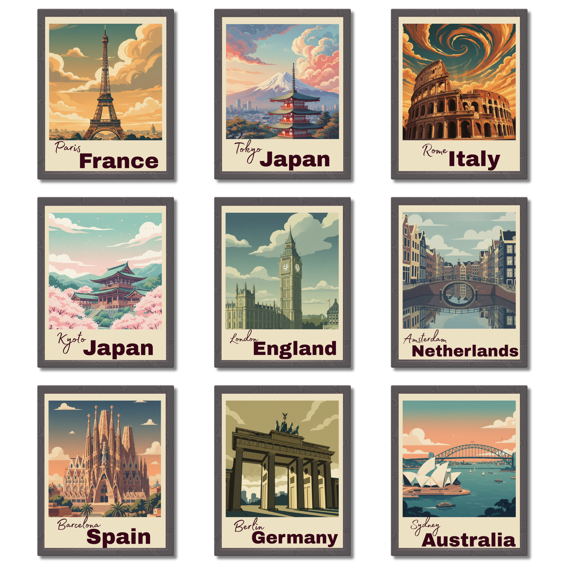 Vintage Country Travel Poster Set of 9