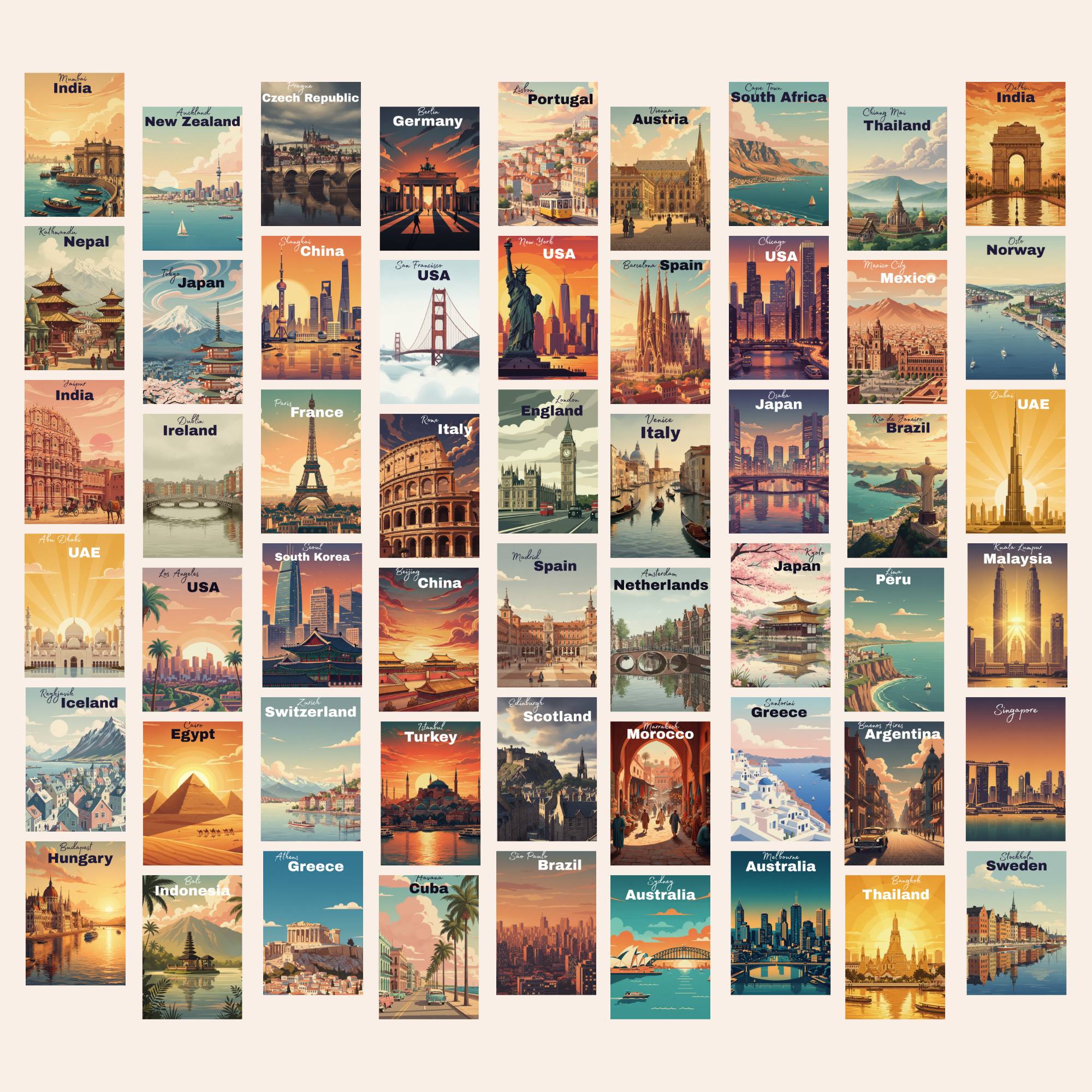 Vintage Travel Posters Set – Retro Tourism Wall Art (Set of 54)