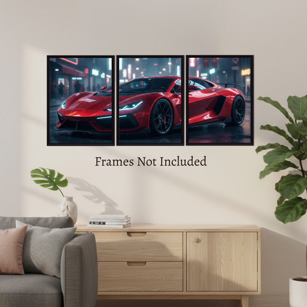 Red Hypercar Night Drive – Luxury Wall Art (Set of 3)