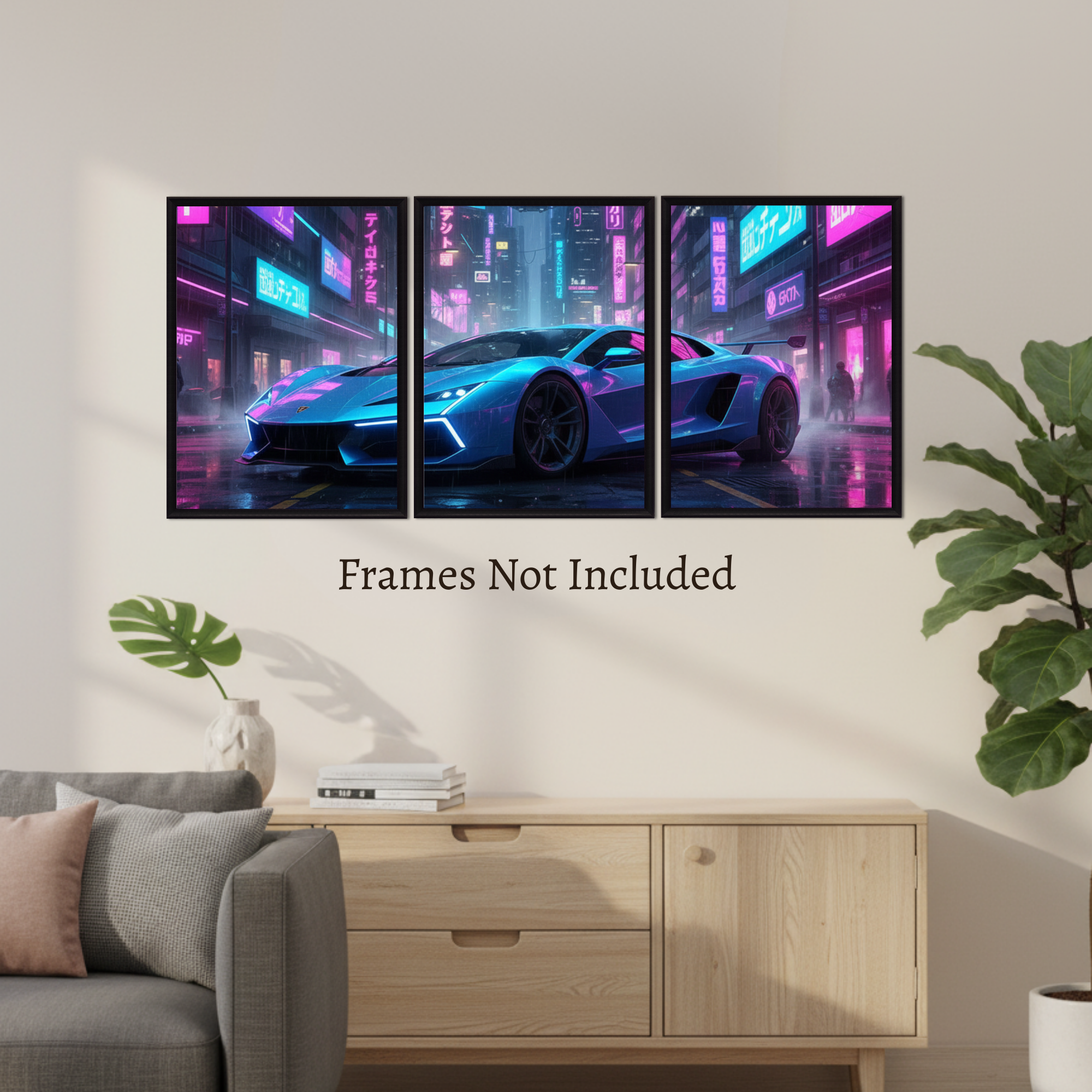Neon Cyber Supercar – Futuristic Wall Art (Set of 3)