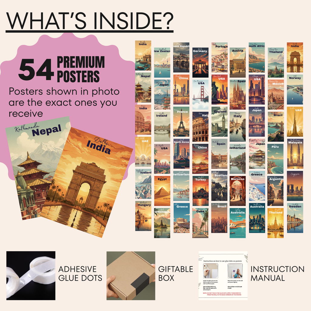 Vintage Travel Posters Set – Retro Tourism Wall Art (Set of 54)