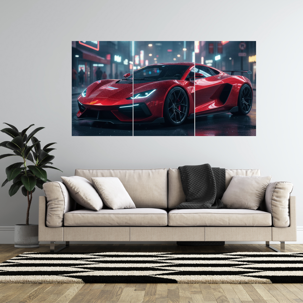 Red Hypercar Night Drive – Luxury Wall Art (Set of 3)