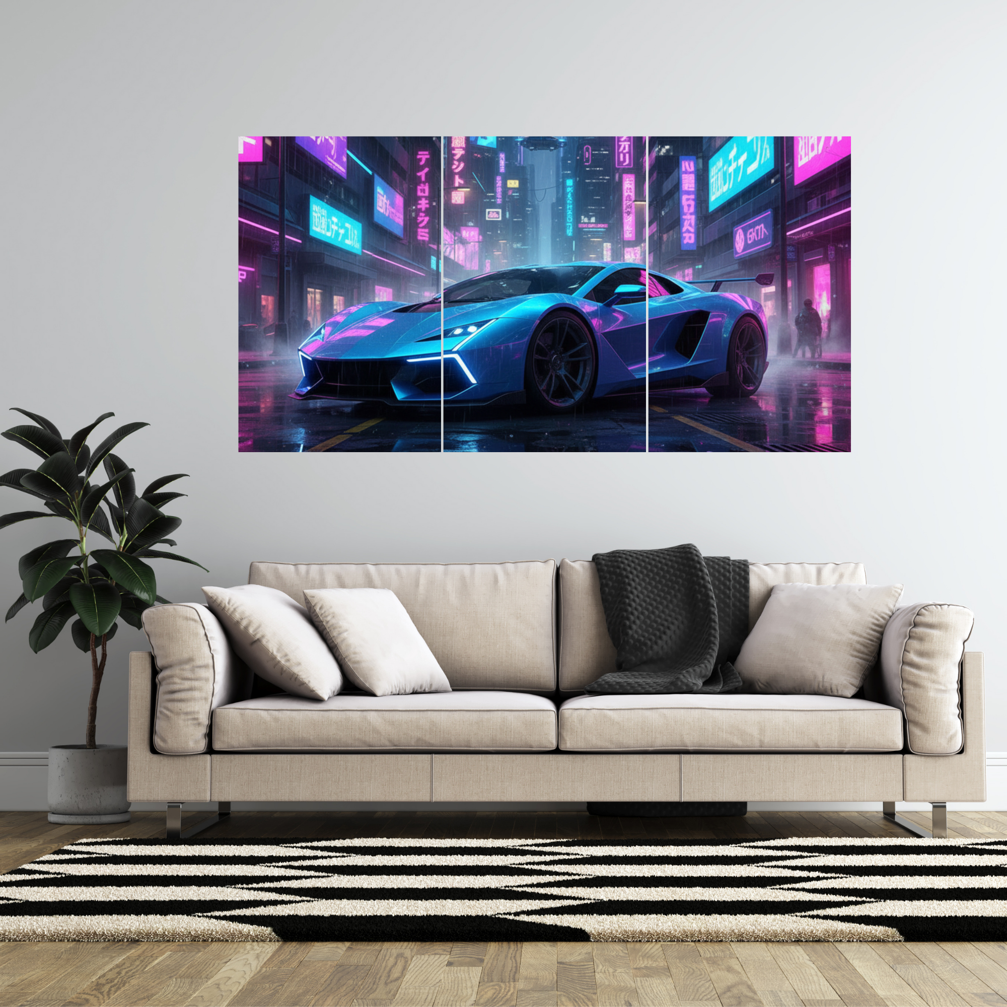 Neon Cyber Supercar – Futuristic Wall Art (Set of 3)