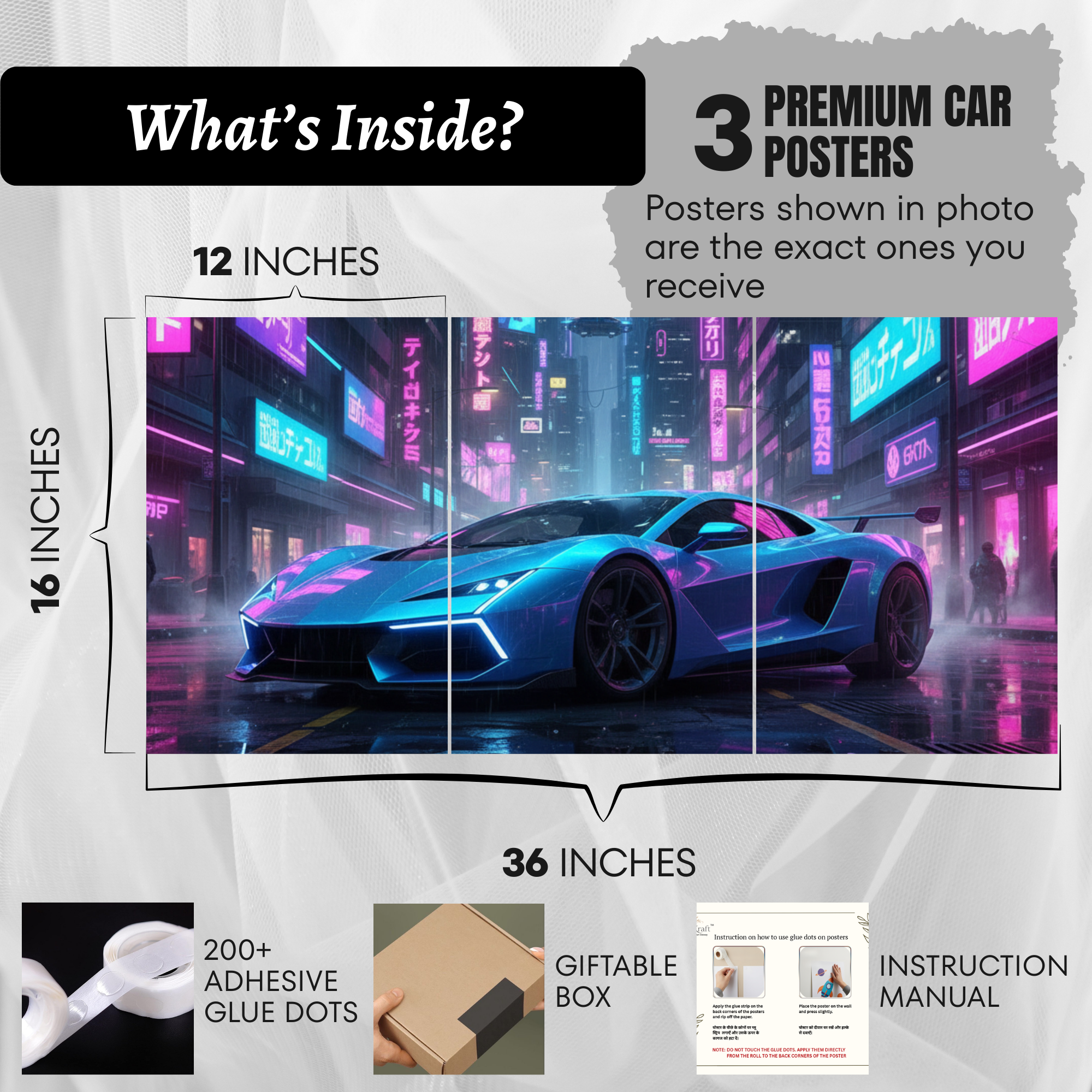 Neon Cyber Supercar – Futuristic Wall Art (Set of 3)